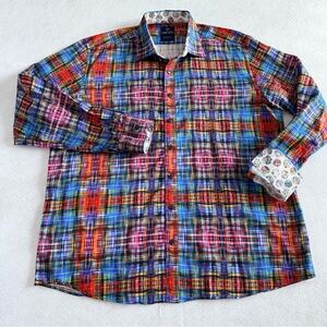 Marcello Sport Men’s XL Abstract Rainbow Plaid Button Down Shirt - 100% Cotton